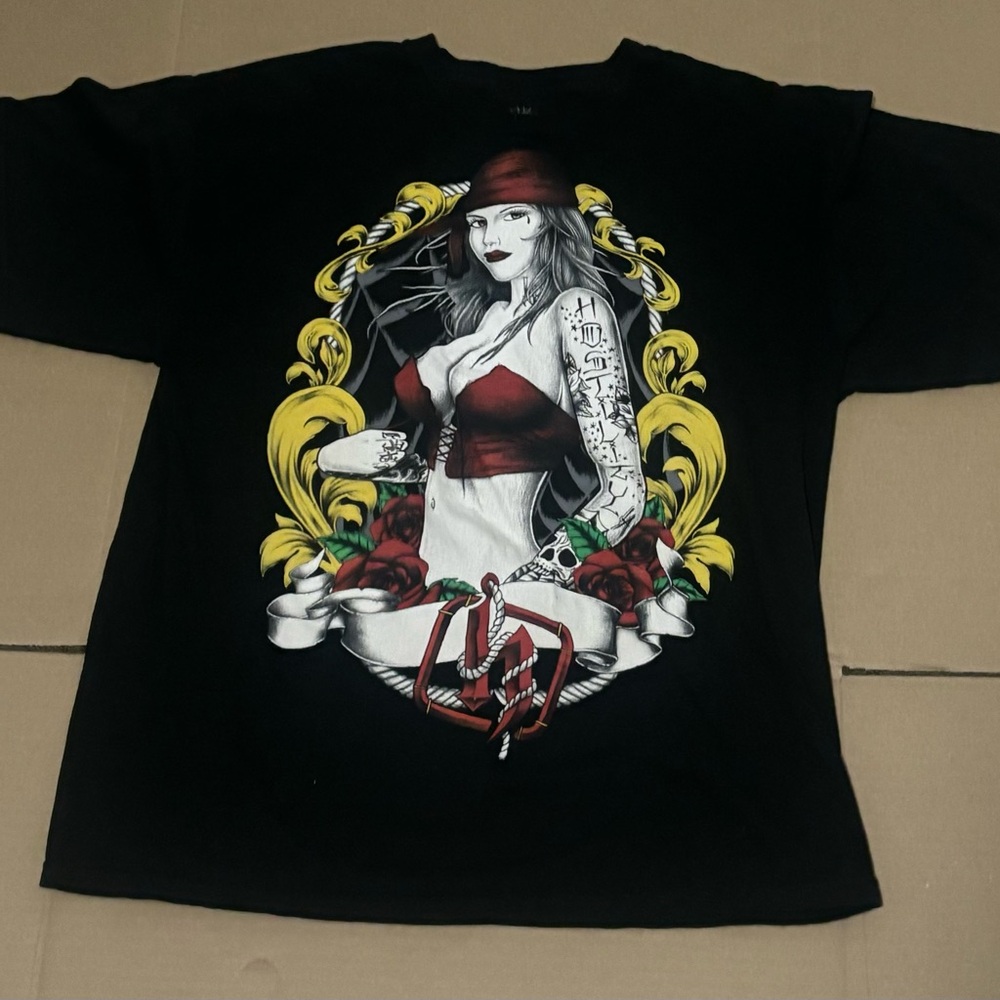 Graphic Black T-Shirt with Red and Yellow Accents